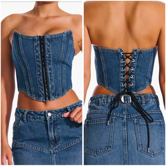 naked wardrobe Tops - NAKED WARDROBE BLUE DENIM DREAMS STRAPLESS LACE UP BACK CORSET TOP